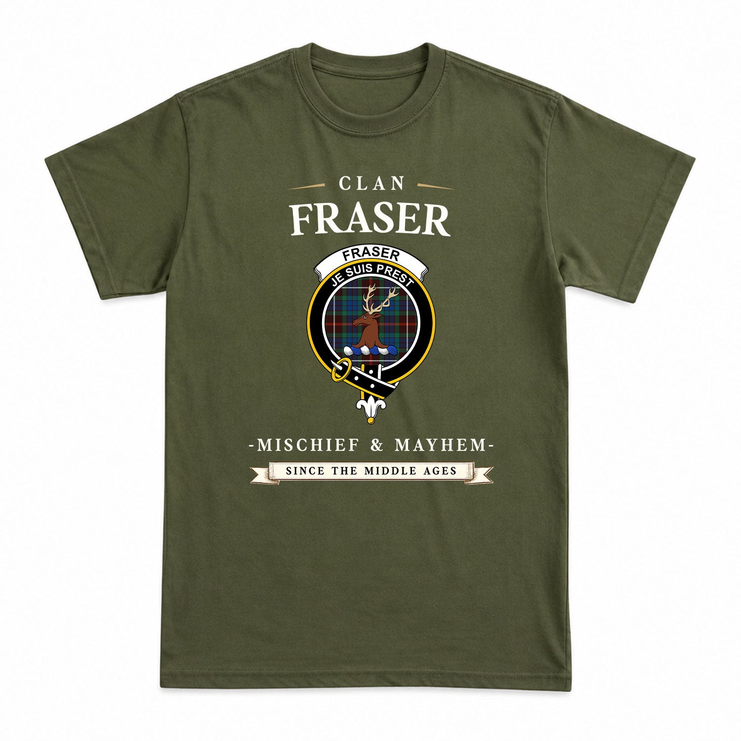Fraser (of Lovat) Hunting Ancient Tartan Crest Mischief and Mayhem T-shirt