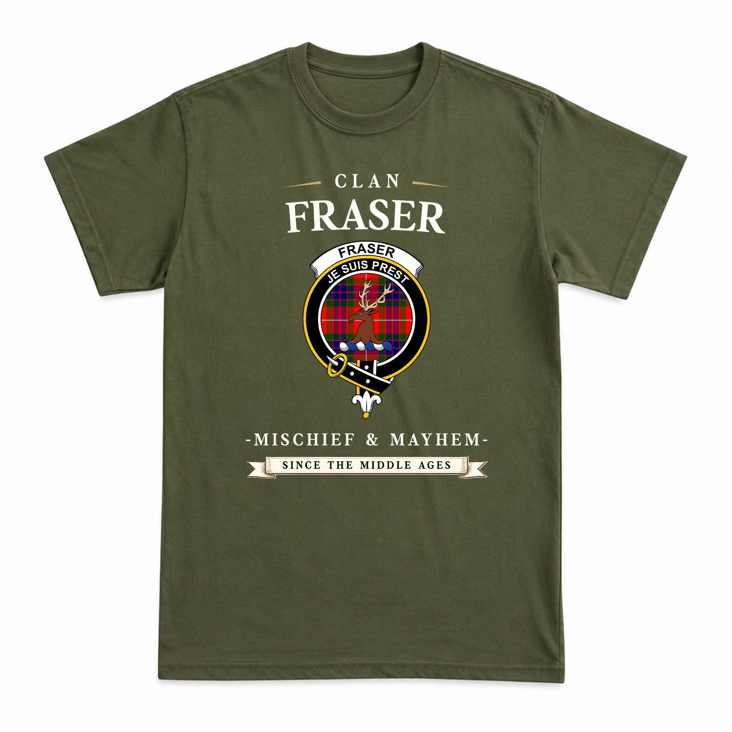 Fraser (of Lovat) Modern Tartan Crest Mischief and Mayhem T-shirt