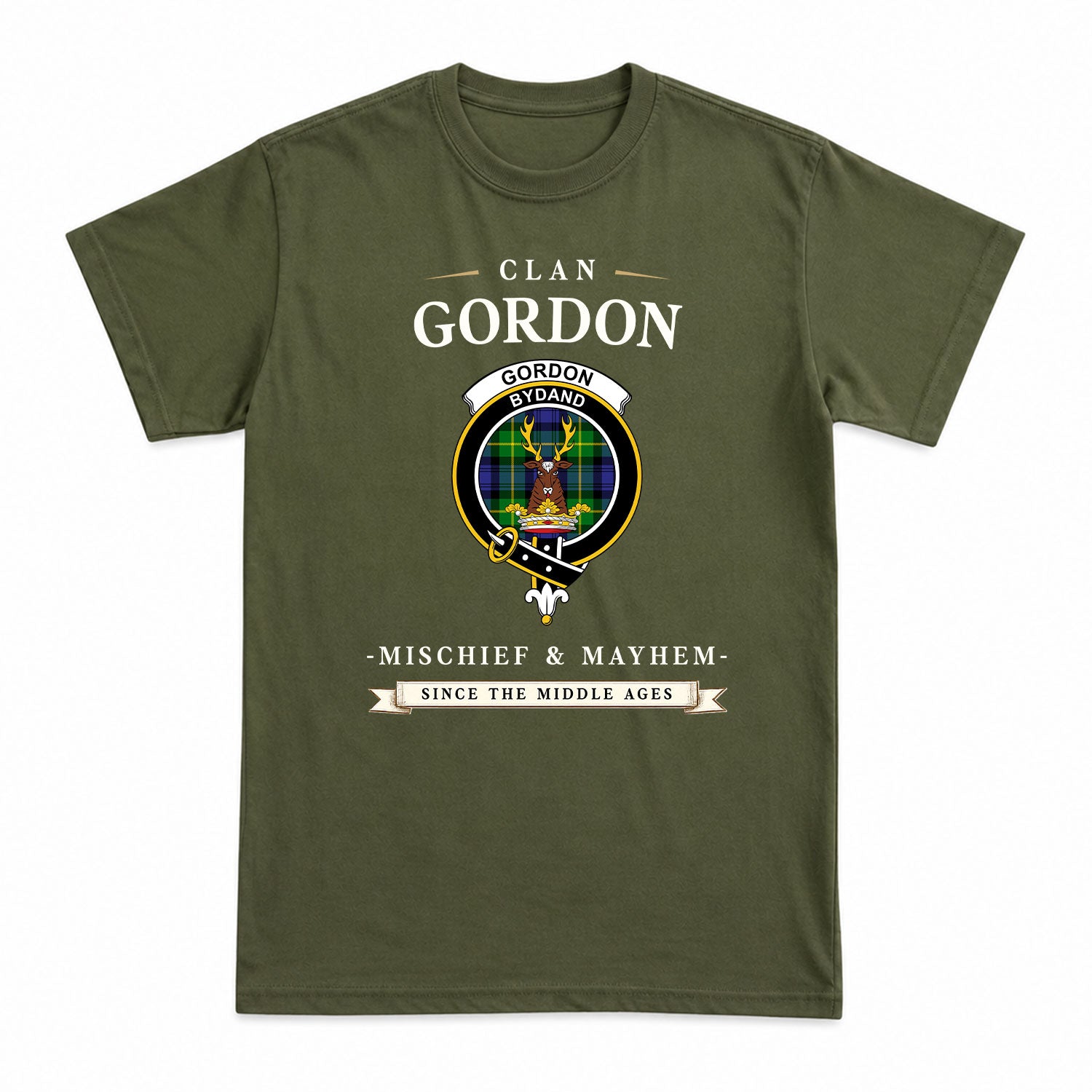 Gordon Modern Tartan Crest Mischief and Mayhem T-shirt