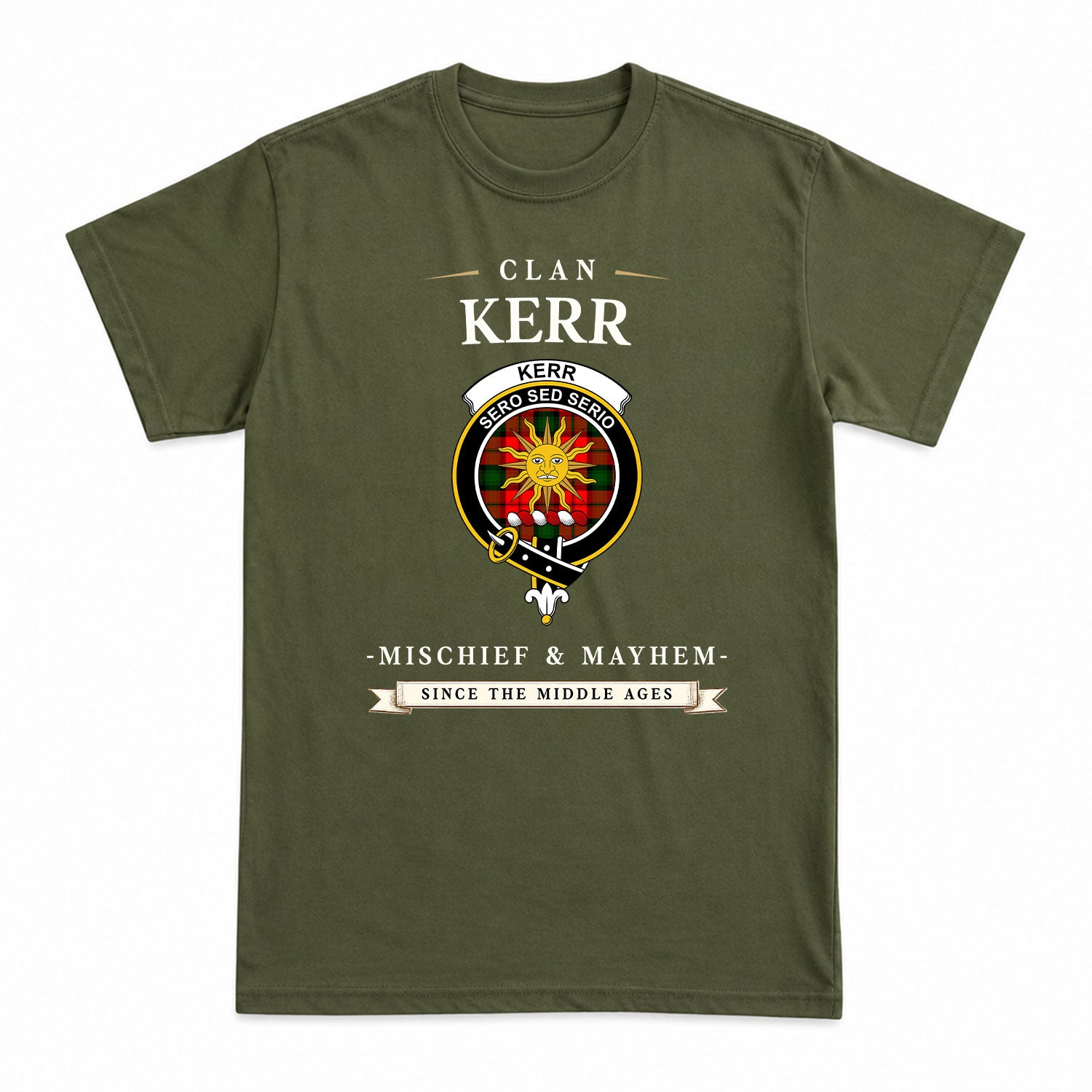 Kerr Modern Tartan Crest Mischief and Mayhem T-shirt