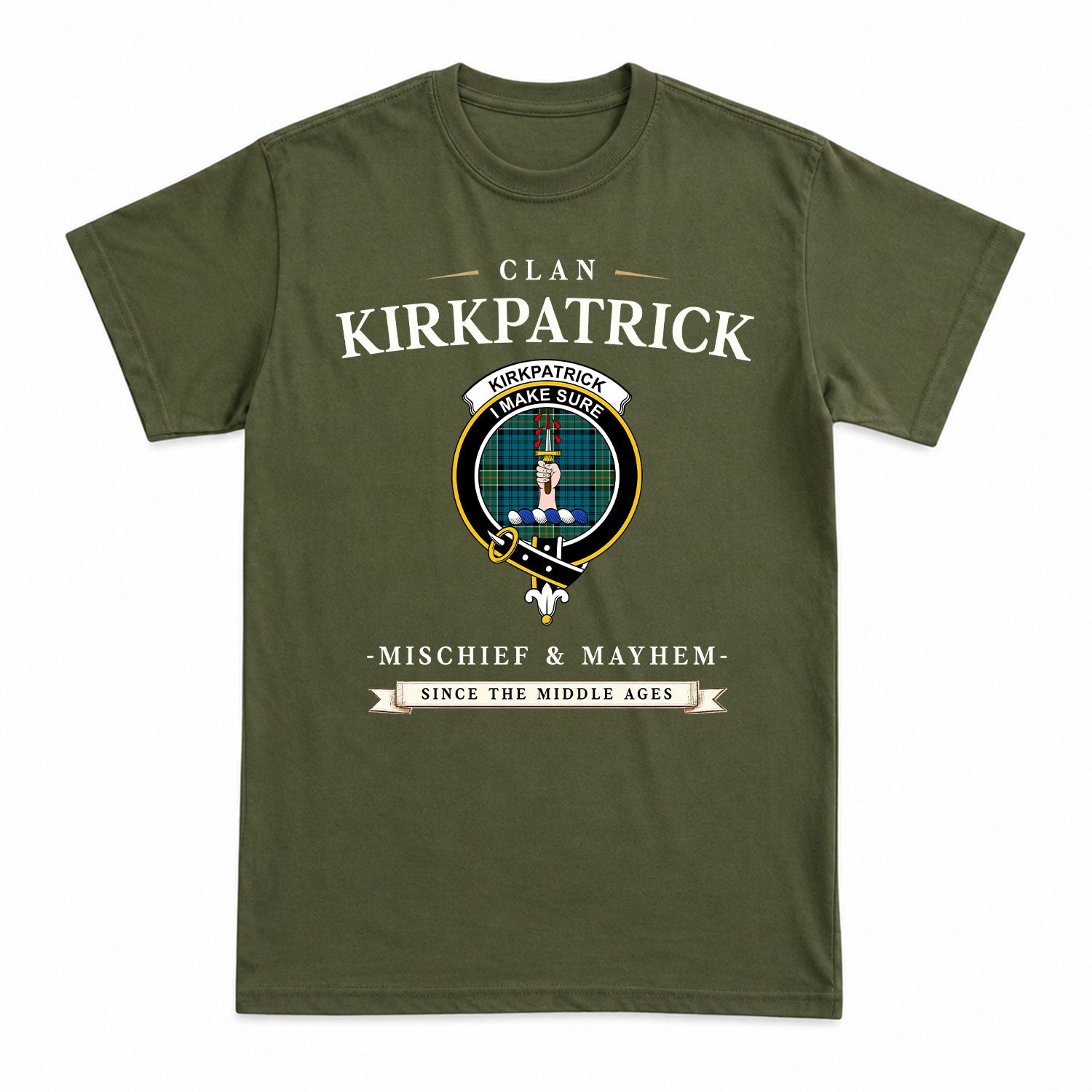 Kirkpatrick Ancient Tartan Crest Mischief and Mayhem T-shirt
