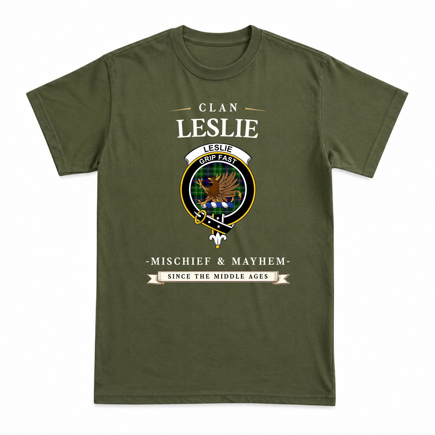 Leslie Hunting Tartan Crest Mischief and Mayhem T-shirt