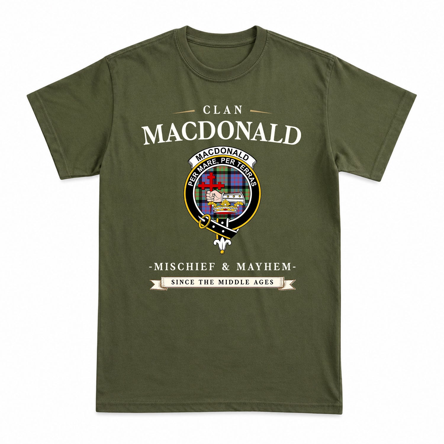 MacDonald Ancient Tartan Crest Mischief and Mayhem T-shirt