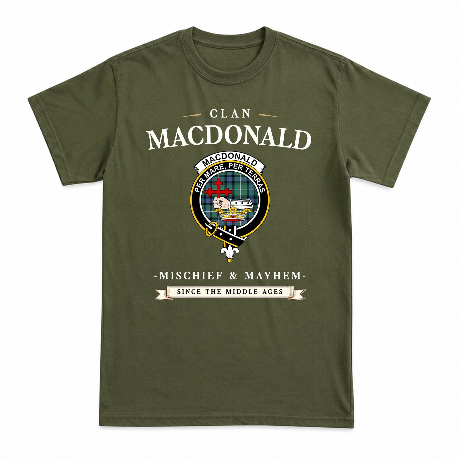 MacDonald of the Isles Hunting Ancient Tartan Crest Mischief and Mayhem T-shirt