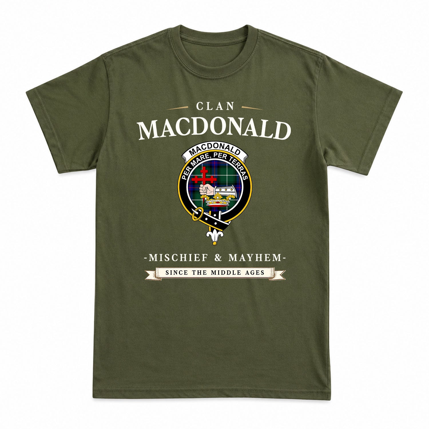 MacDonald of the Isles Hunting Modern Tartan Crest Mischief and Mayhem T-shirt