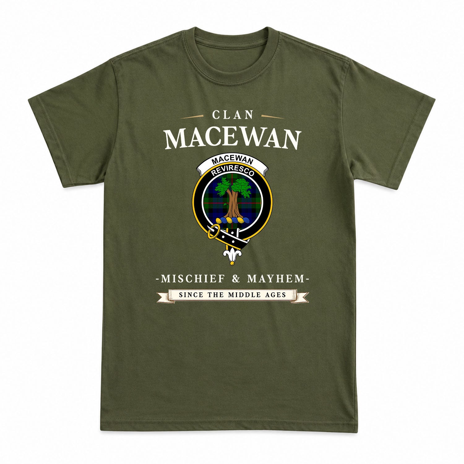 MacEwan Modern Tartan Crest Mischief and Mayhem T-shirt