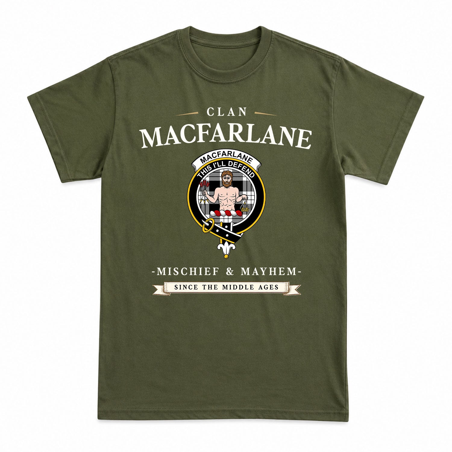MacFarlane Black - White Tartan Crest Mischief and Mayhem T-shirt