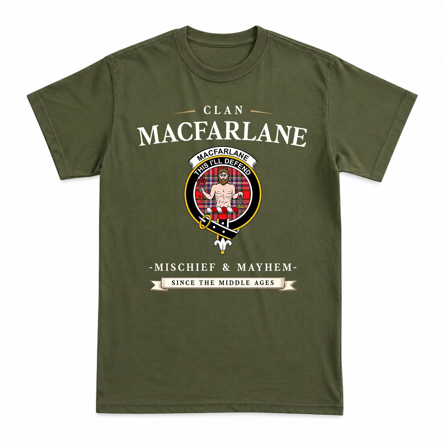 MacFarlane Modern Tartan Crest Mischief and Mayhem T-shirt