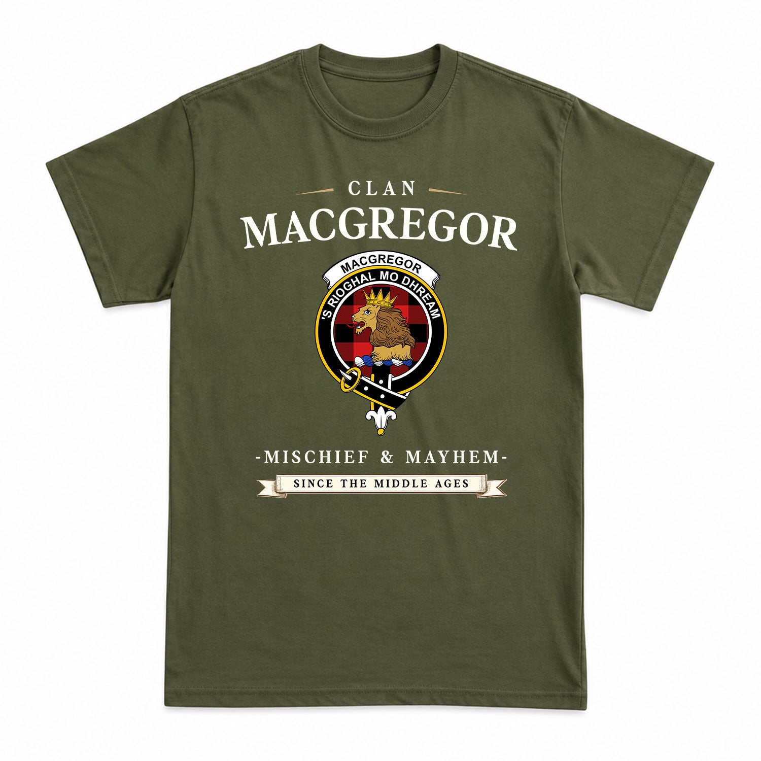 MacGregor Rob Roy Modern Tartan Crest Mischief and Mayhem T-shirt