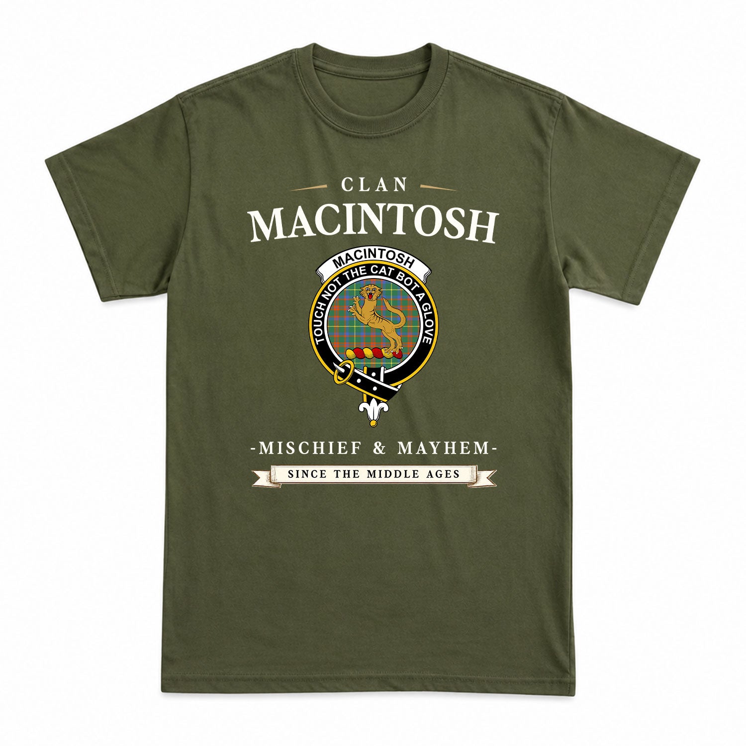 MacIntosh Hunting Ancient Tartan Crest Mischief and Mayhem T-shirt