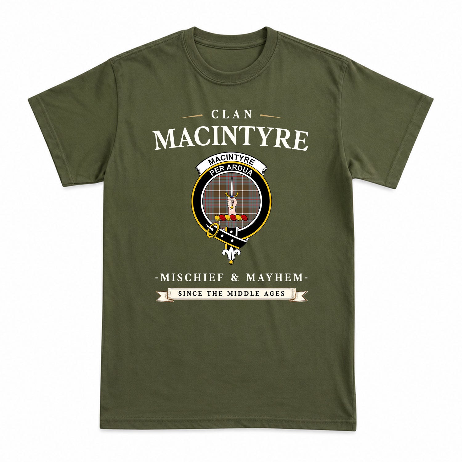 MacIntyre Hunting Weathered Tartan Crest Mischief and Mayhem T-shirt