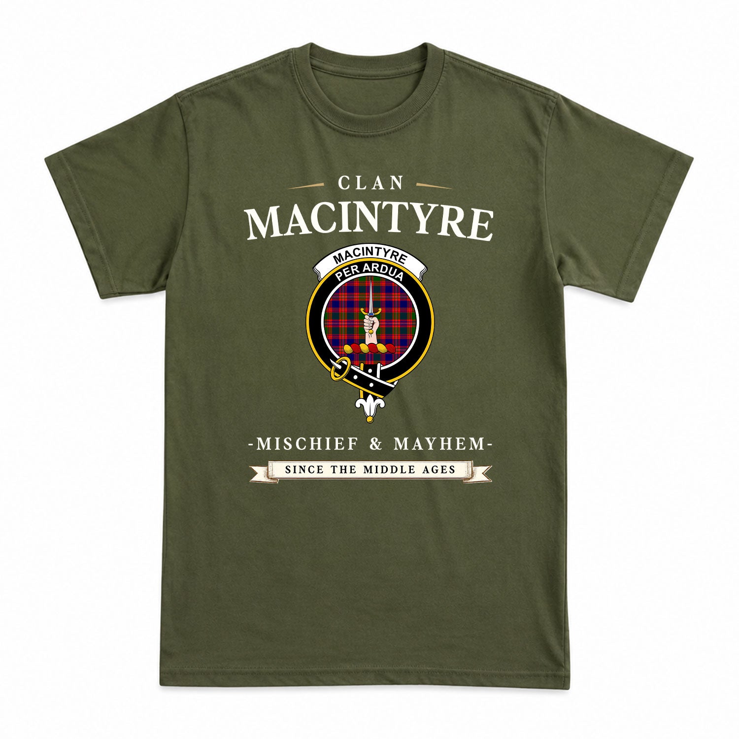 MacIntyre Modern Tartan Crest Mischief and Mayhem T-shirt