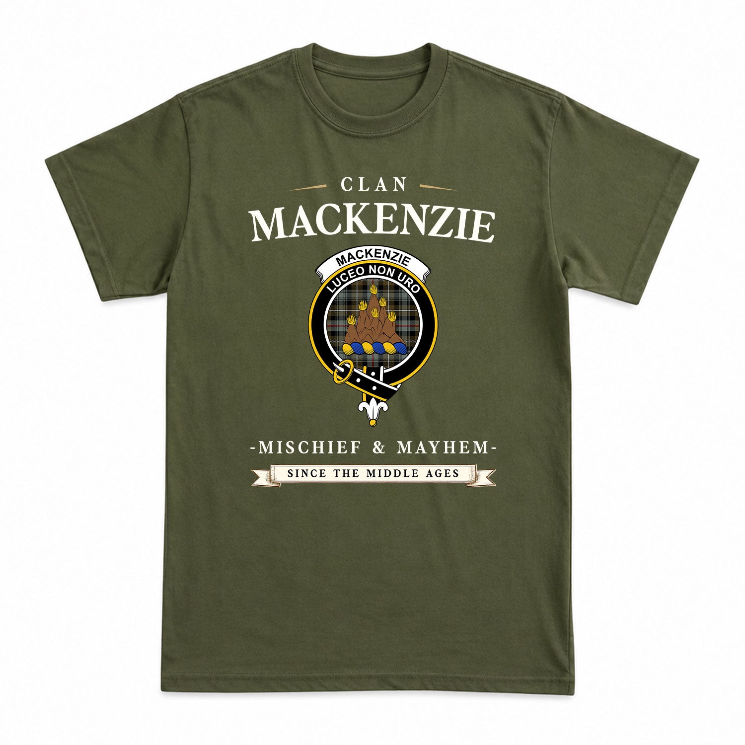 MacKenzie Weathered Tartan Crest Mischief and Mayhem T-shirt