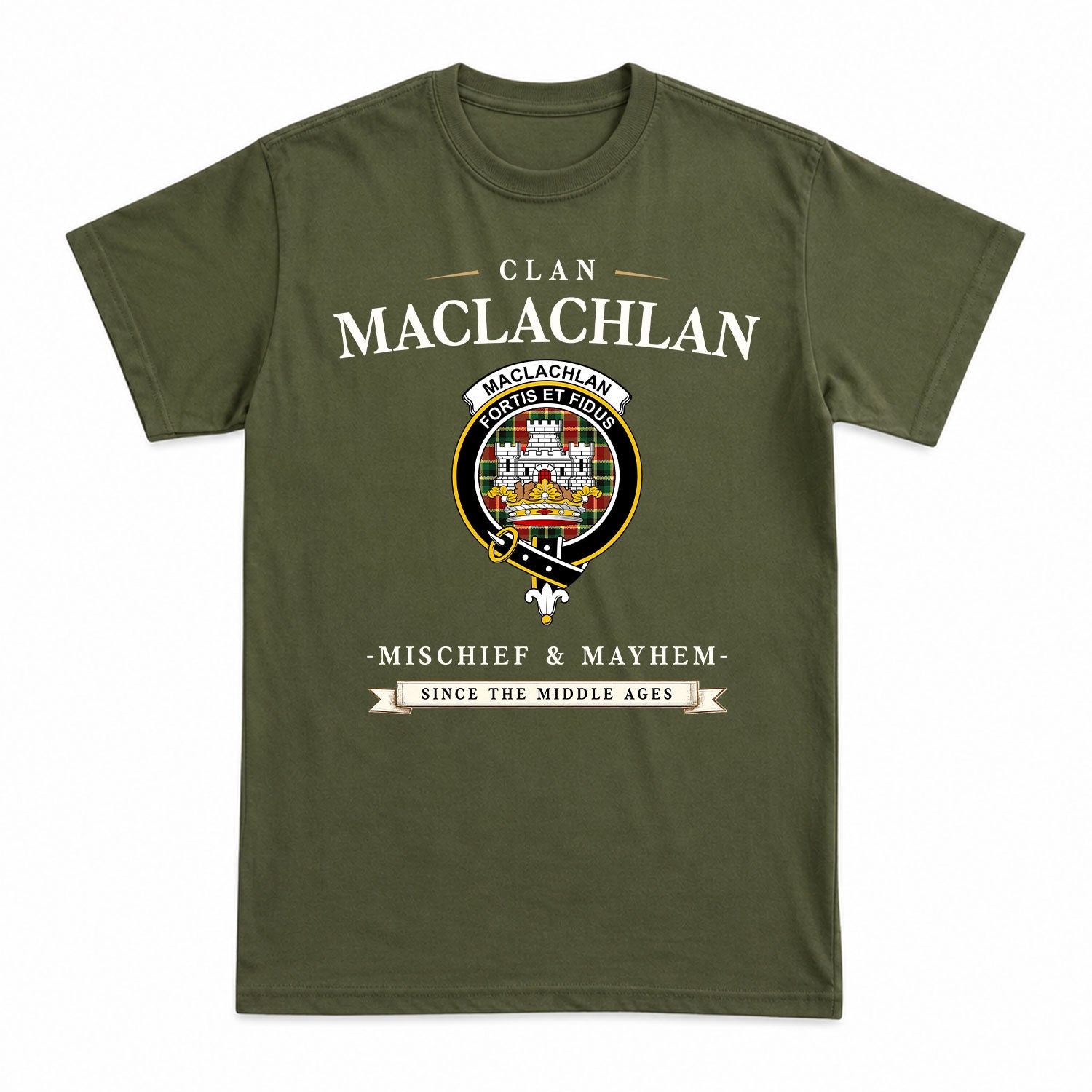 MacLachlan Hunting Modern Tartan Crest Mischief and Mayhem T-shirt