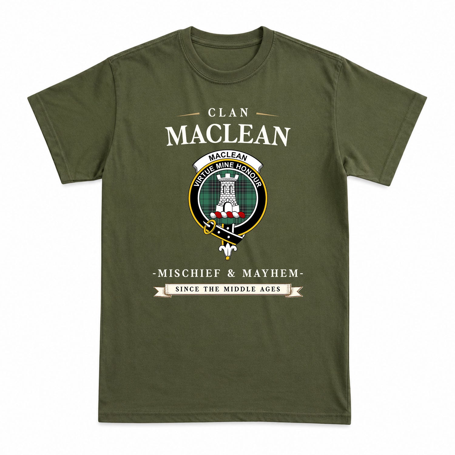 MacLean Hunting Ancient Tartan Crest Mischief and Mayhem T-shirt