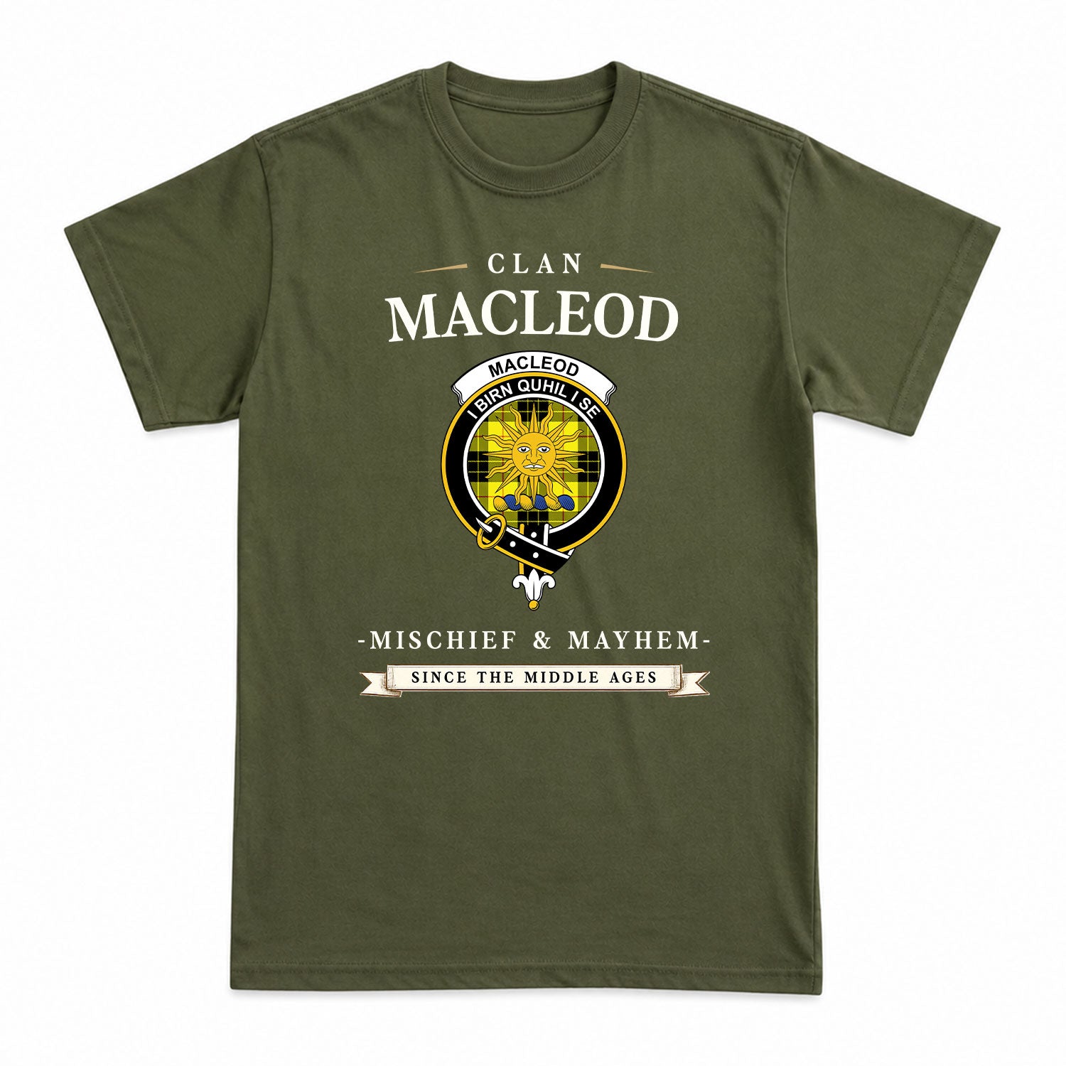 MacLeod of Lewis Modern Tartan Crest Mischief and Mayhem T-shirt