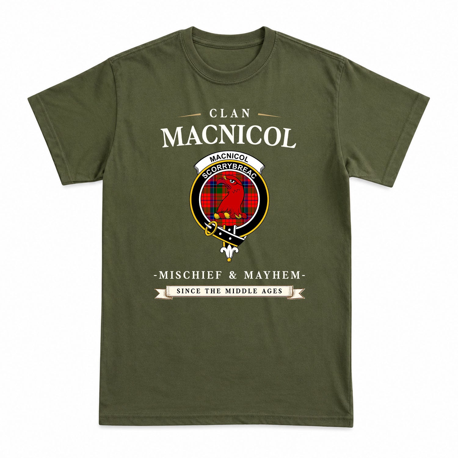 MacNicol (of Scorrybreac) Tartan Crest Mischief and Mayhem T-shirt