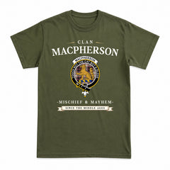 MacPherson Hunting Ancient Tartan Crest Mischief and Mayhem T-shirt