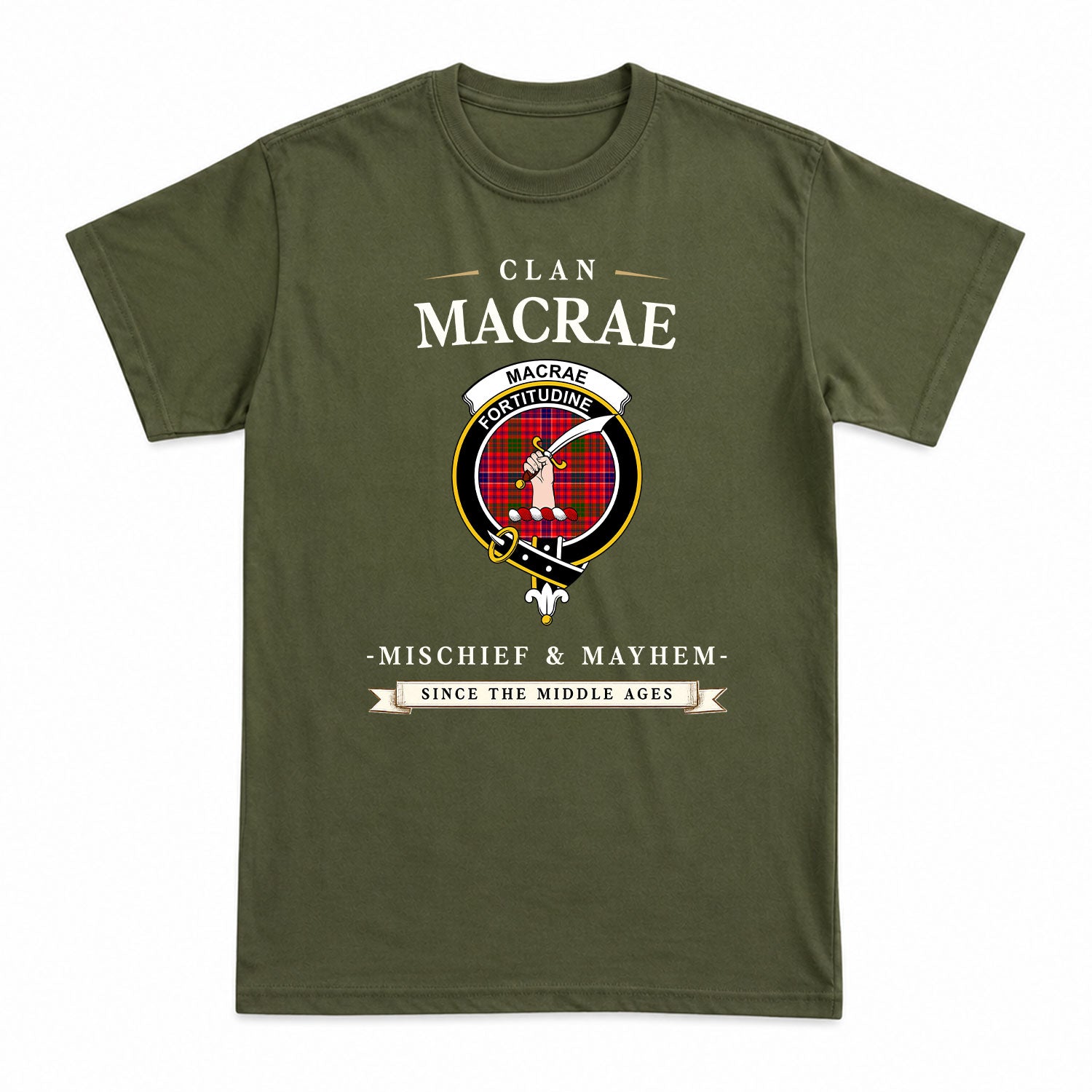 MacRae Modern Tartan Crest Mischief and Mayhem T-shirt