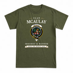 McAulay Hunting Ancient Tartan Crest Mischief and Mayhem T-shirt
