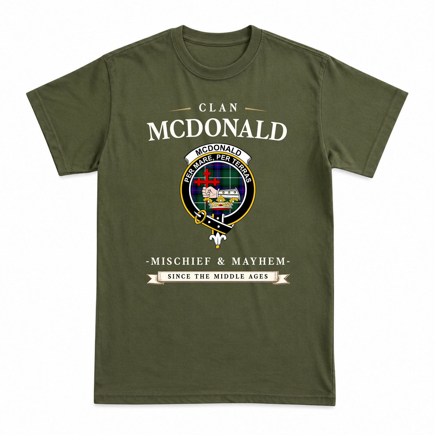 McDonald of the Isles Hunting Modern Tartan Crest Mischief and Mayhem T-shirt