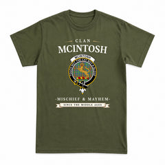 McIntosh Hunting Ancient Tartan Crest Mischief and Mayhem T-shirt