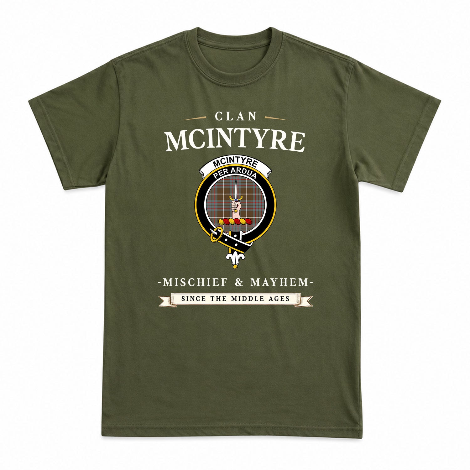 McIntyre Hunting Weathered Tartan Crest Mischief and Mayhem T-shirt