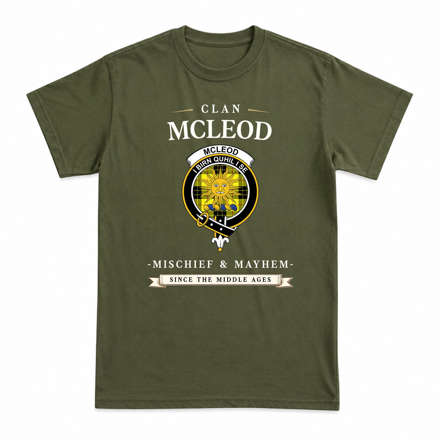 McLeod of Lewis Modern Tartan Crest Mischief and Mayhem T-shirt