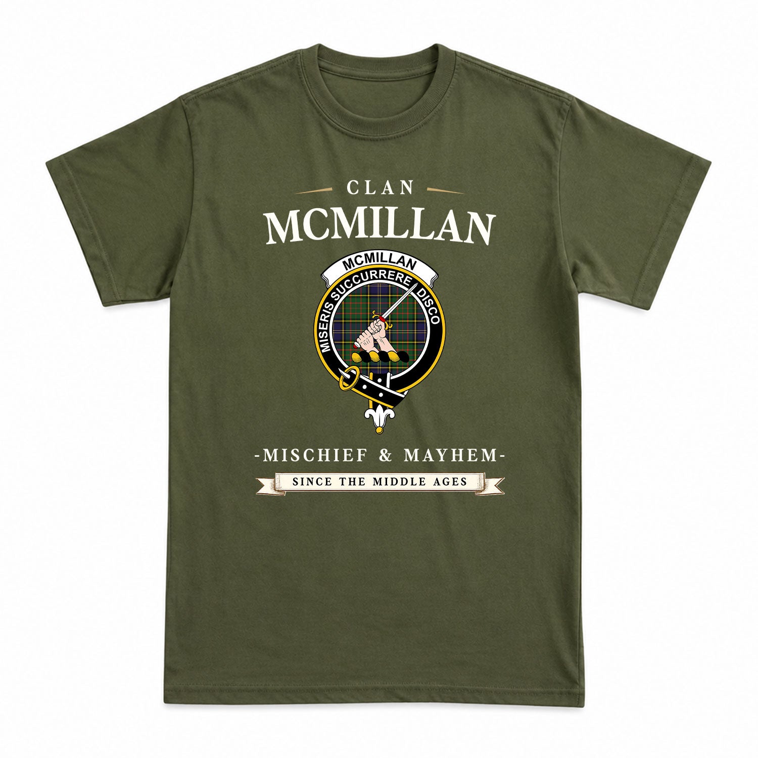 McMillan Hunting Modern Tartan Crest Mischief and Mayhem T-shirt