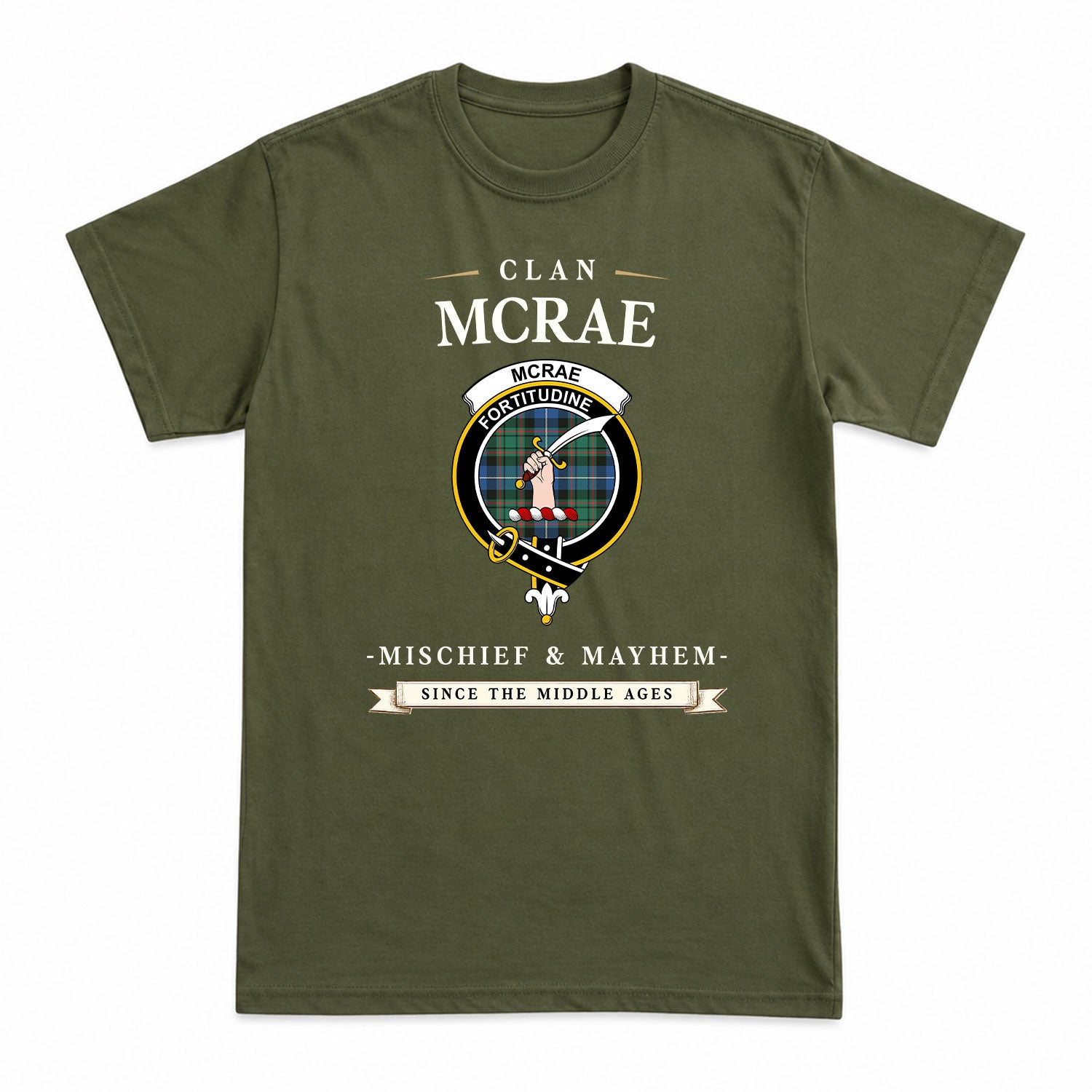 McRae Hunting Ancient Tartan Crest Mischief and Mayhem T-shirt