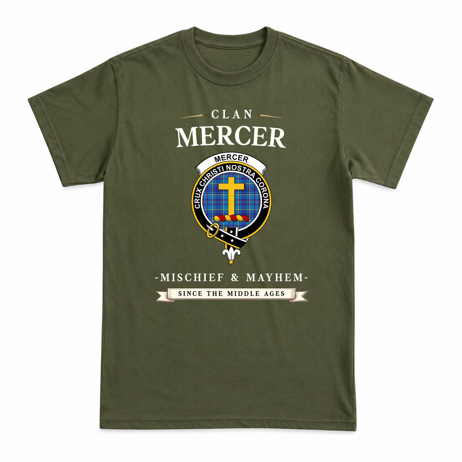 Mercer Modern Tartan Crest Mischief and Mayhem T-shirt