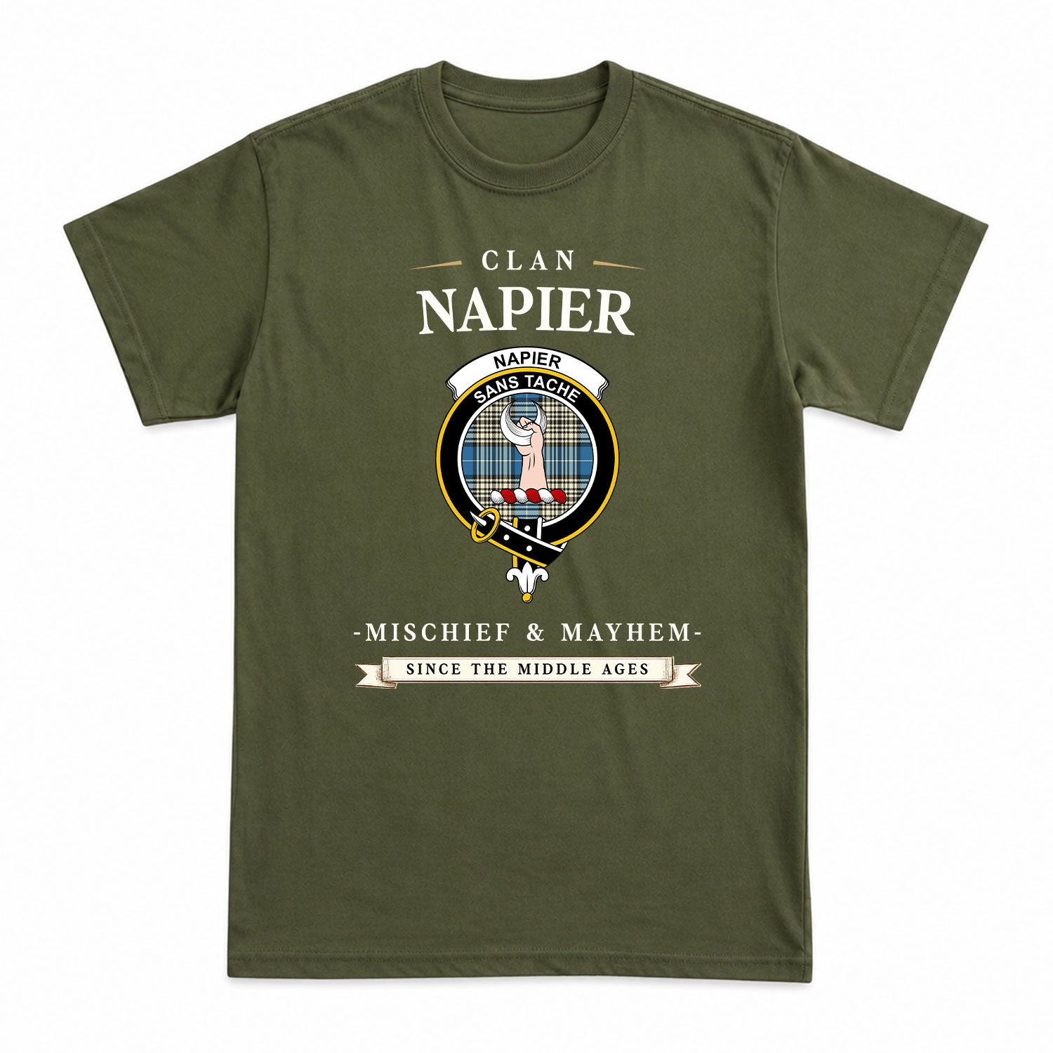 Napier Ancient Tartan Crest Mischief and Mayhem T-shirt