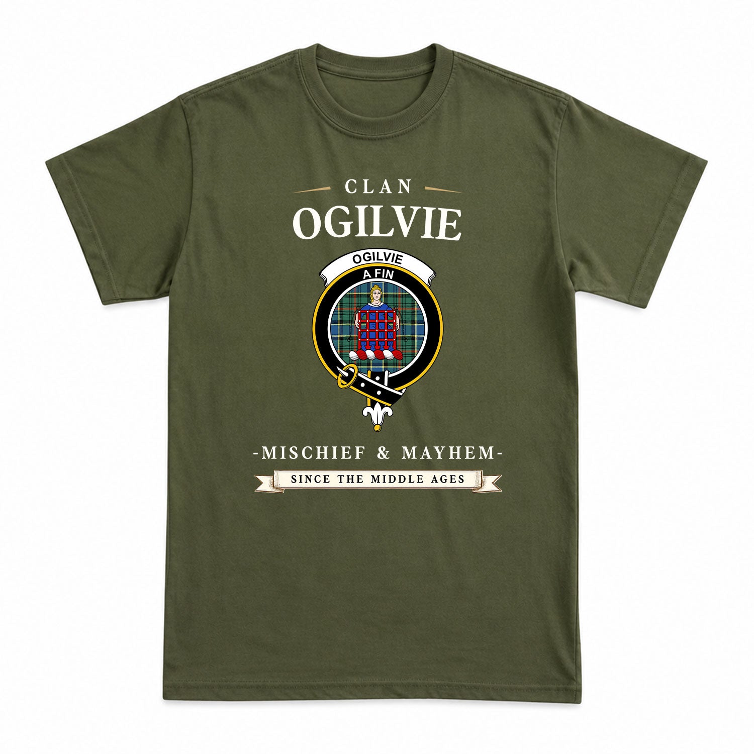 Ogilvie Hunting Ancient Tartan Crest Mischief and Mayhem T-shirt