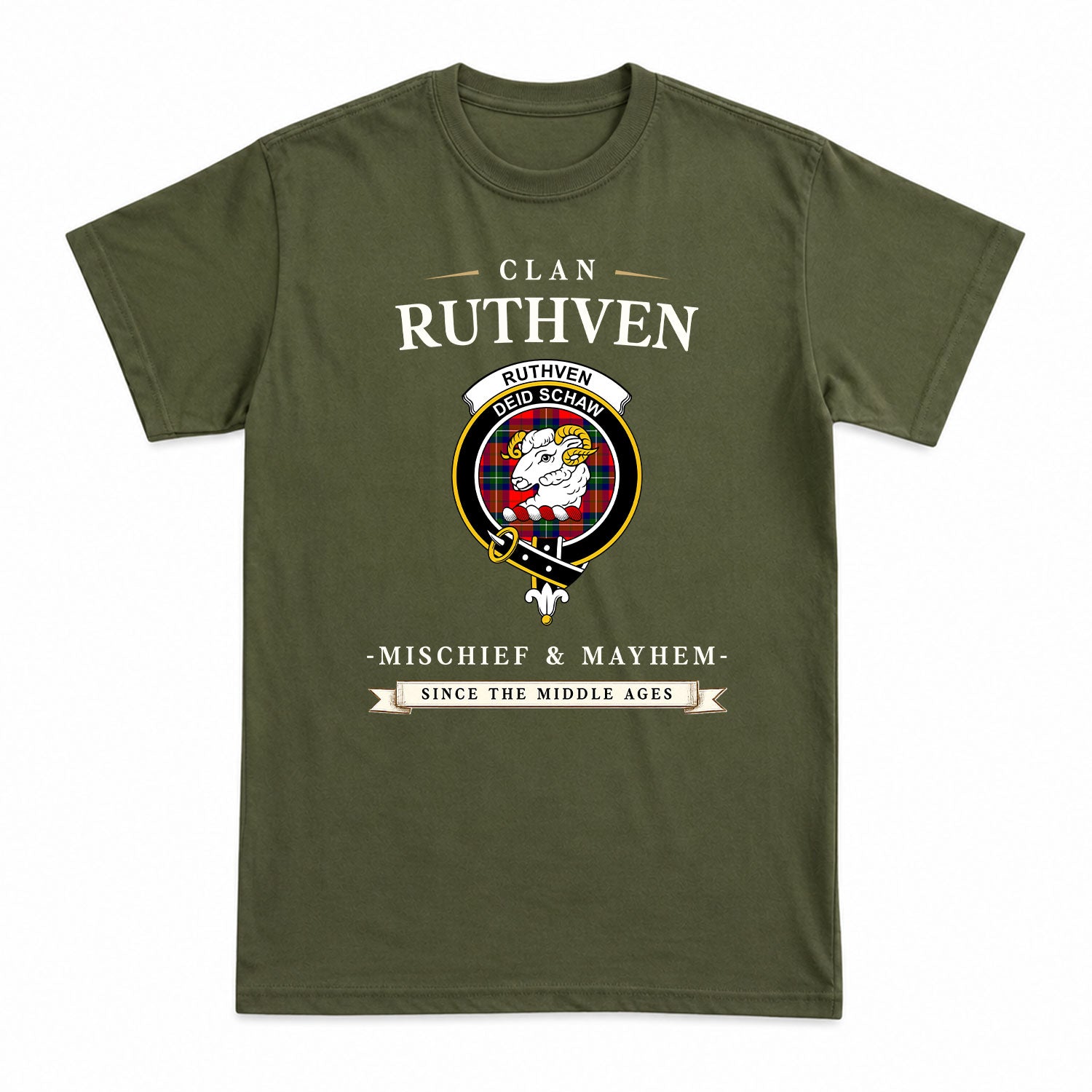 Ruthven Modern Tartan Crest Mischief and Mayhem T-shirt