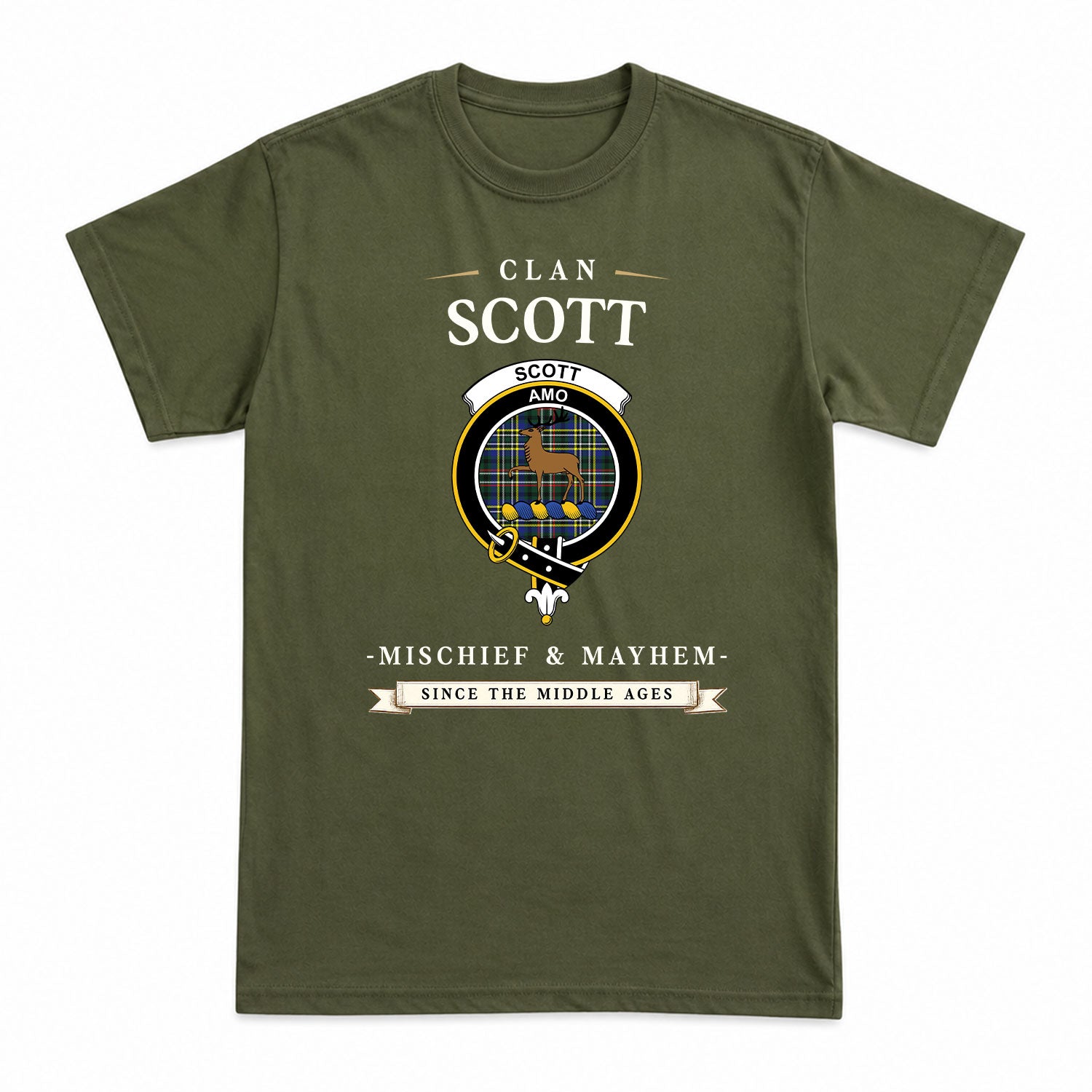 Scott Green Modern Tartan Crest Mischief and Mayhem T-shirt