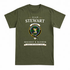 Stewart Old Modern Tartan Crest Mischief and Mayhem T-shirt