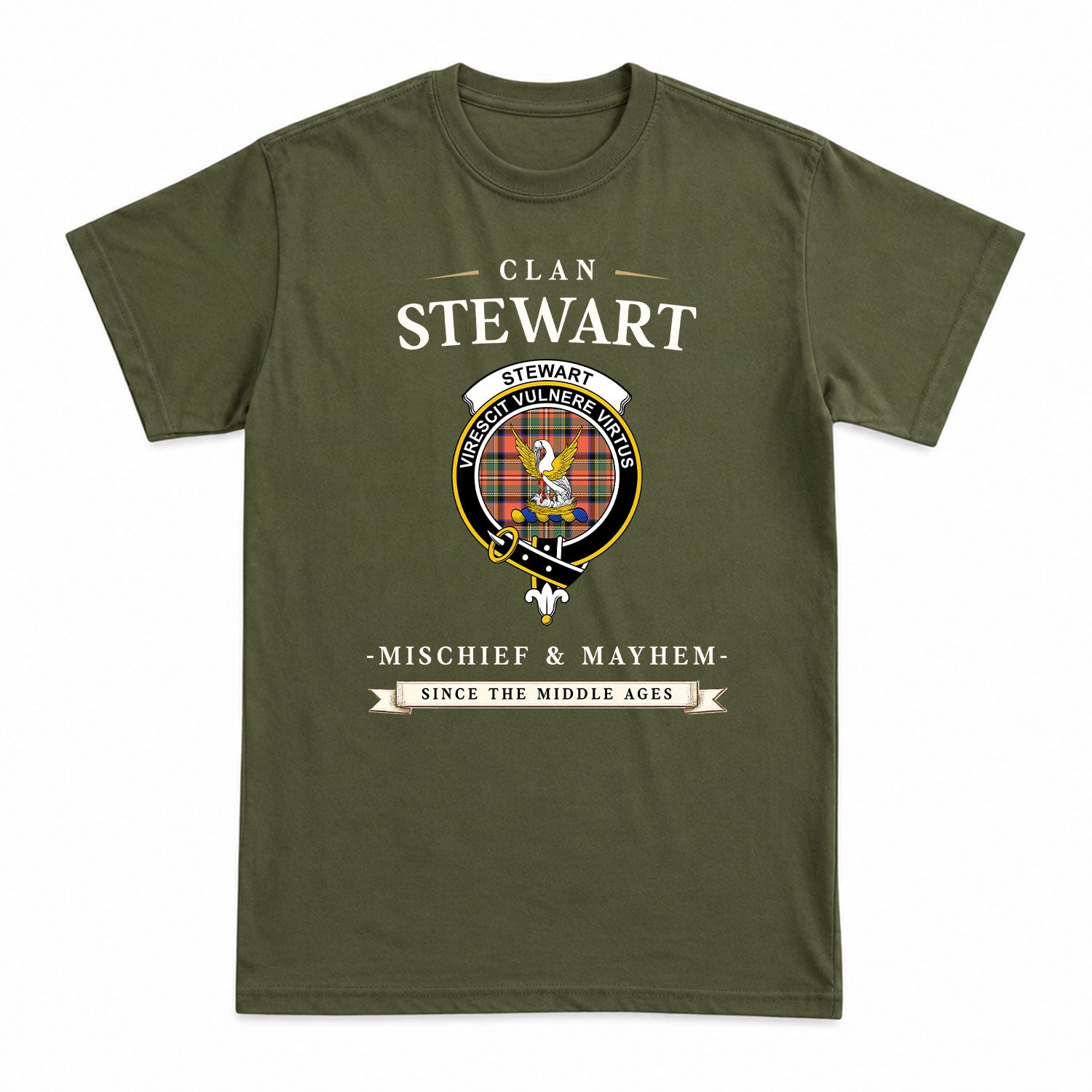 Stewart Royal Ancient Tartan Crest Mischief and Mayhem T-shirt