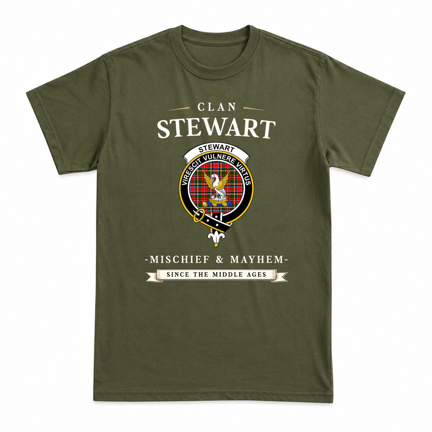 Stewart Royal Tartan Crest Mischief and Mayhem T-shirt