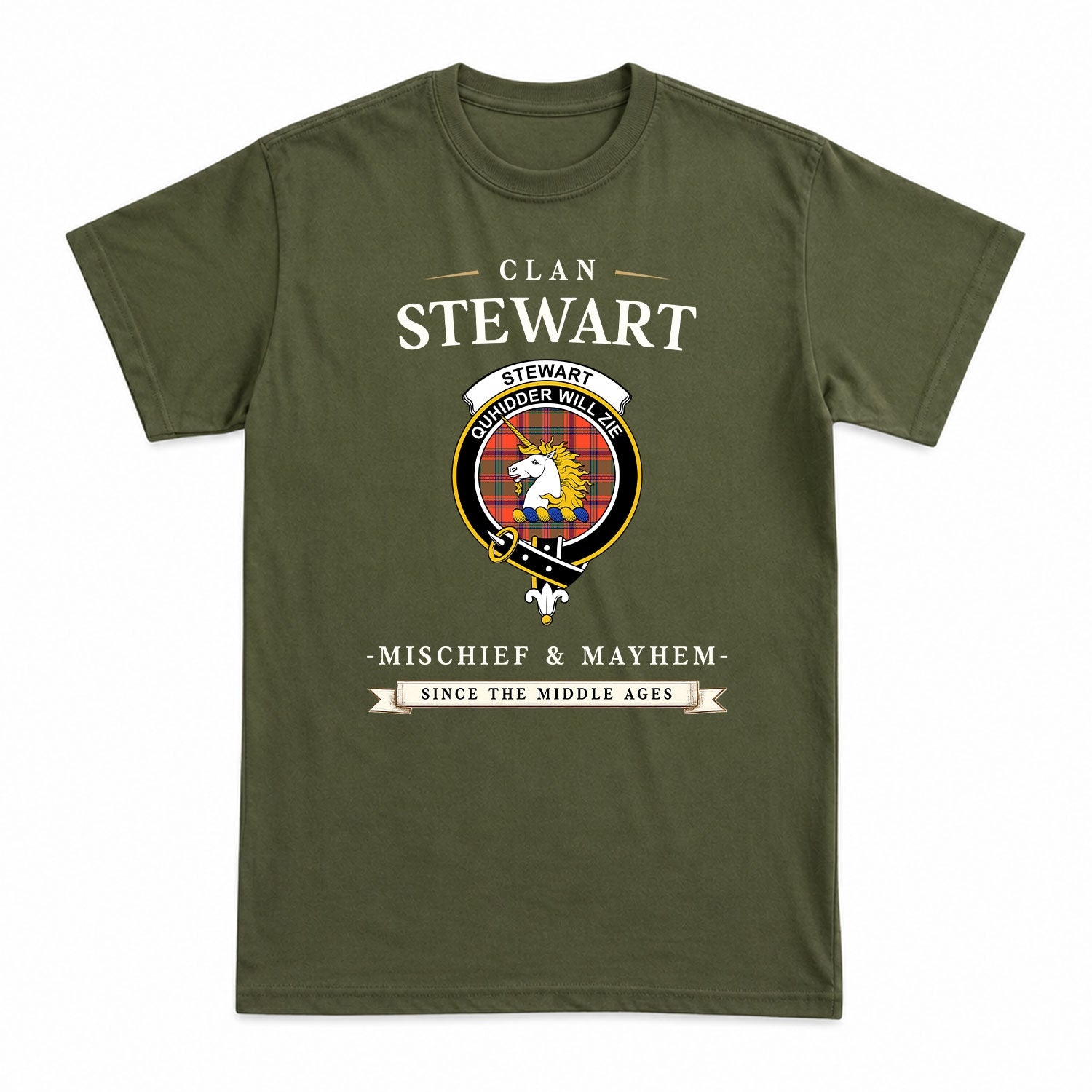 Stewart of Appin Ancient Tartan Crest Mischief and Mayhem T-shirt