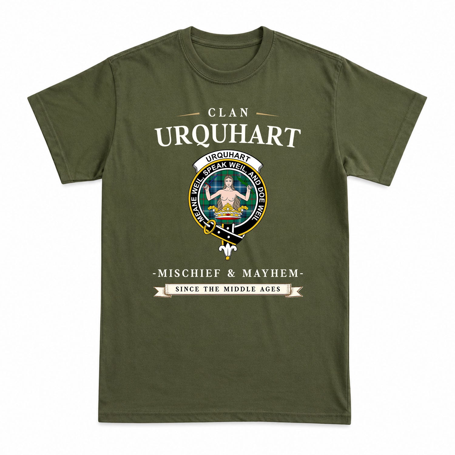 Urquhart Ancient Tartan Crest Mischief and Mayhem T-shirt
