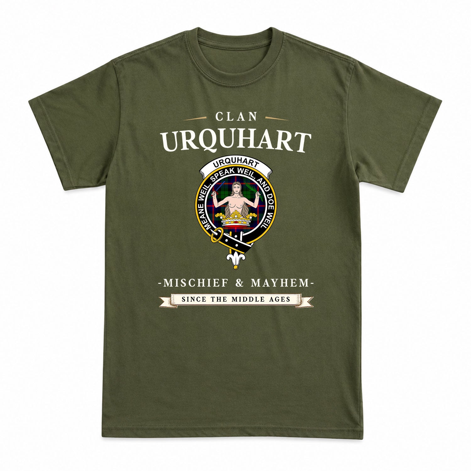 Urquhart Modern Tartan Crest Mischief and Mayhem T-shirt