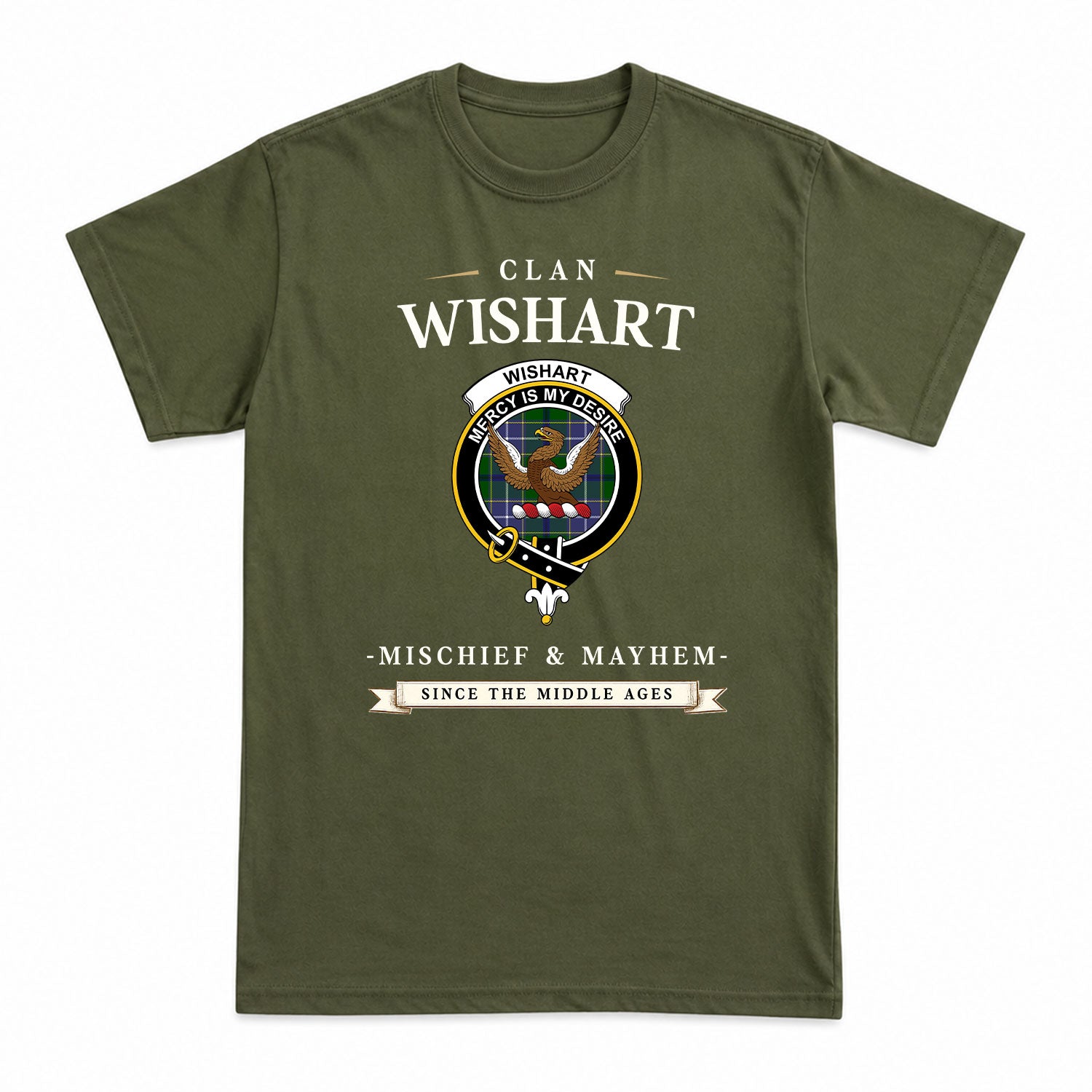 Wishart Hunting Tartan Crest Mischief and Mayhem T-shirt