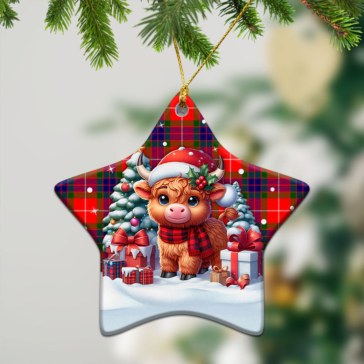 Abernathy Tartan Christmas Ceramic Ornament - Highland Cow Winter Style