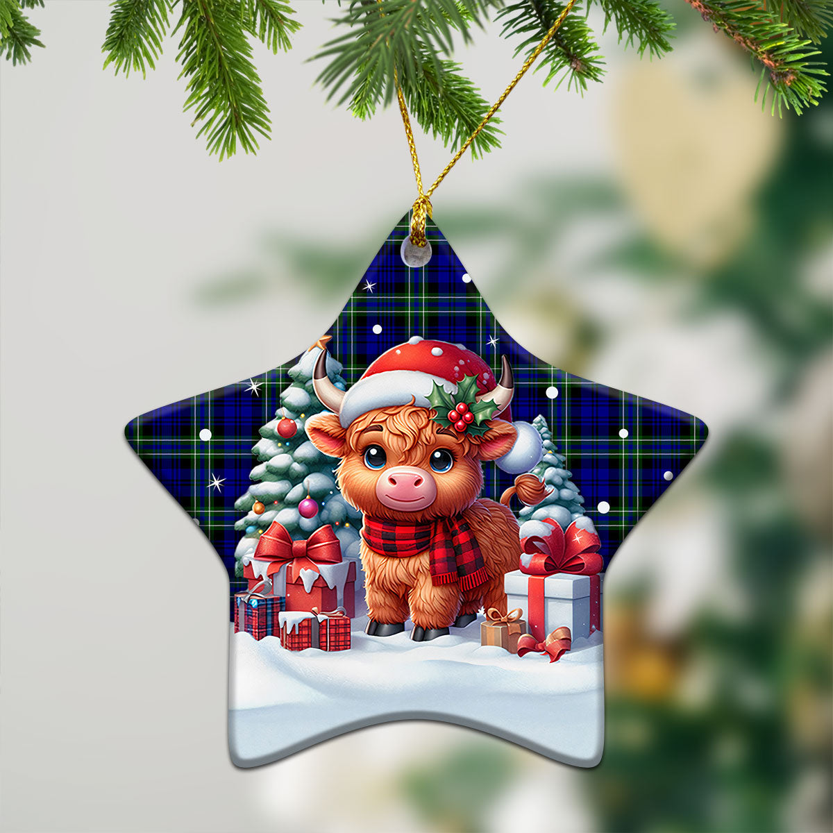 Arbuthnot Modern Tartan Christmas Ceramic Ornament - Highland Cow Winter Style