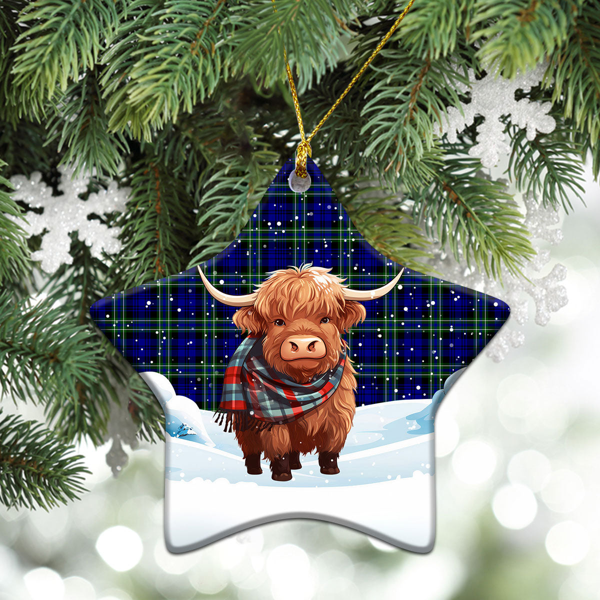 Arbuthnot Modern Tartan Christmas Ceramic Ornament - Highland Cows Snow Style