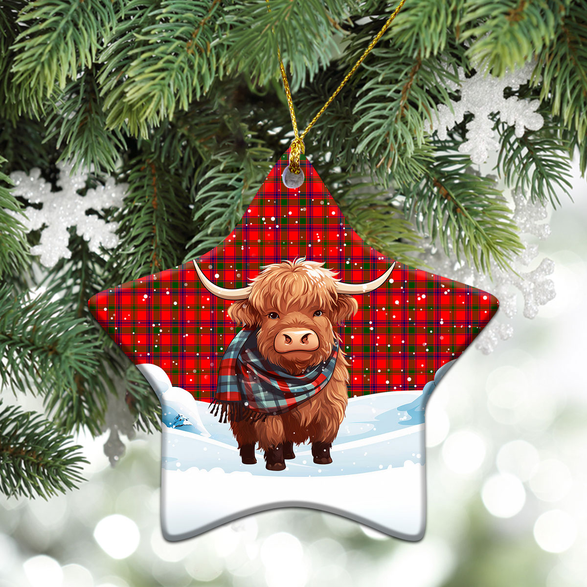 Bain Tartan Christmas Ceramic Ornament - Highland Cows Snow Style