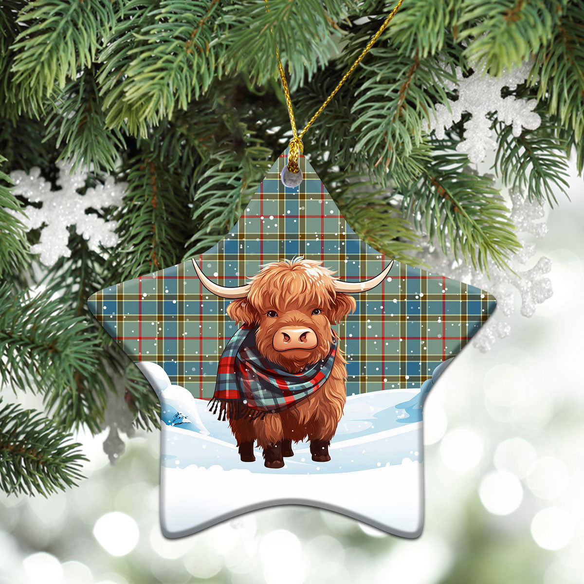 Balfour Blue Tartan Christmas Ceramic Ornament - Highland Cows Snow Style