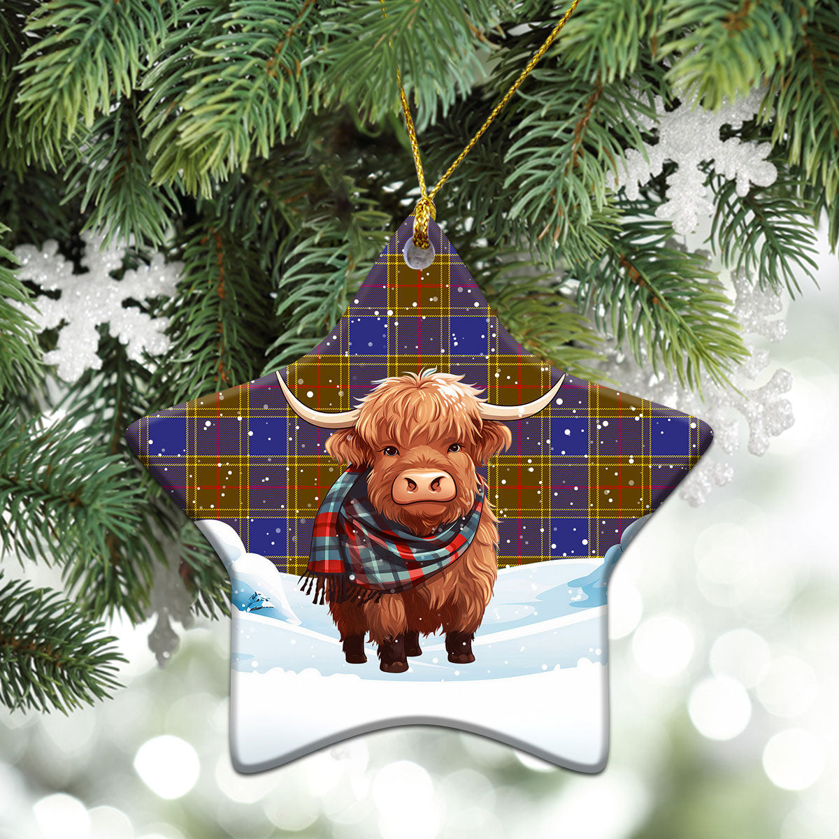 Balfour Modern Tartan Christmas Ceramic Ornament - Highland Cows Snow Style