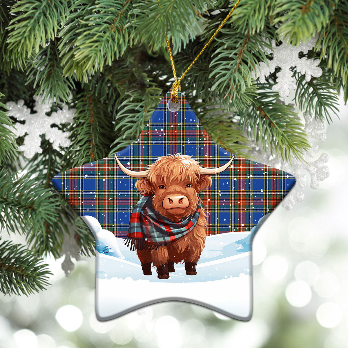 Beaton Ancient Tartan Christmas Ceramic Ornament - Highland Cows Snow Style