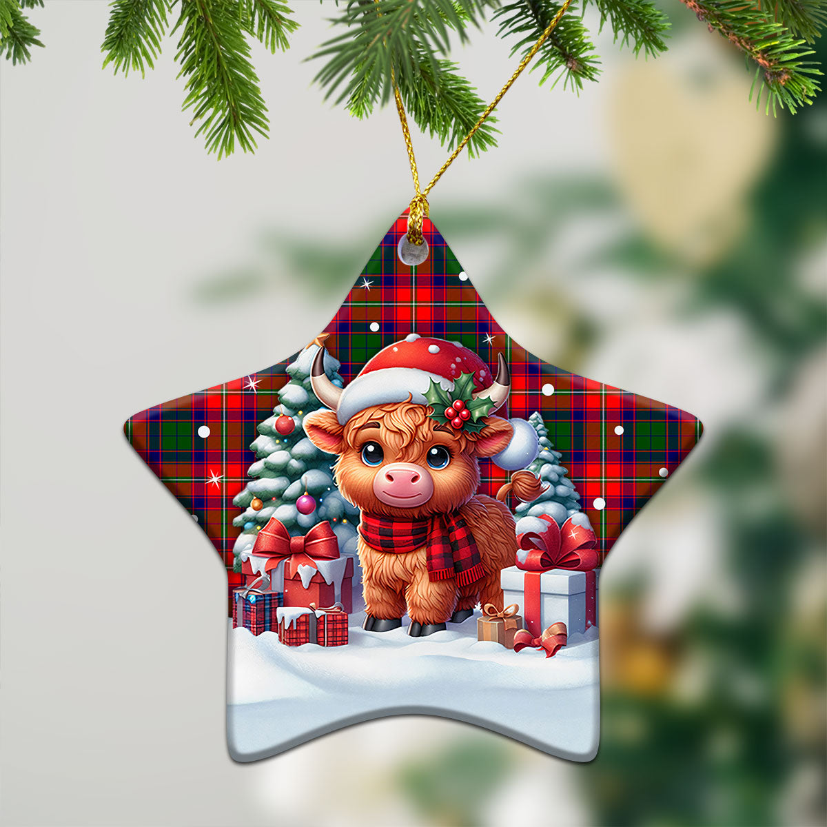 Belshes Tartan Christmas Ceramic Ornament - Highland Cow Winter Style